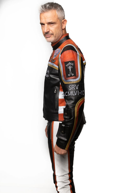 Vintage Harley-Davidson Motorcycle Jacket - Black, Orange, and White Biker Gear with Patches